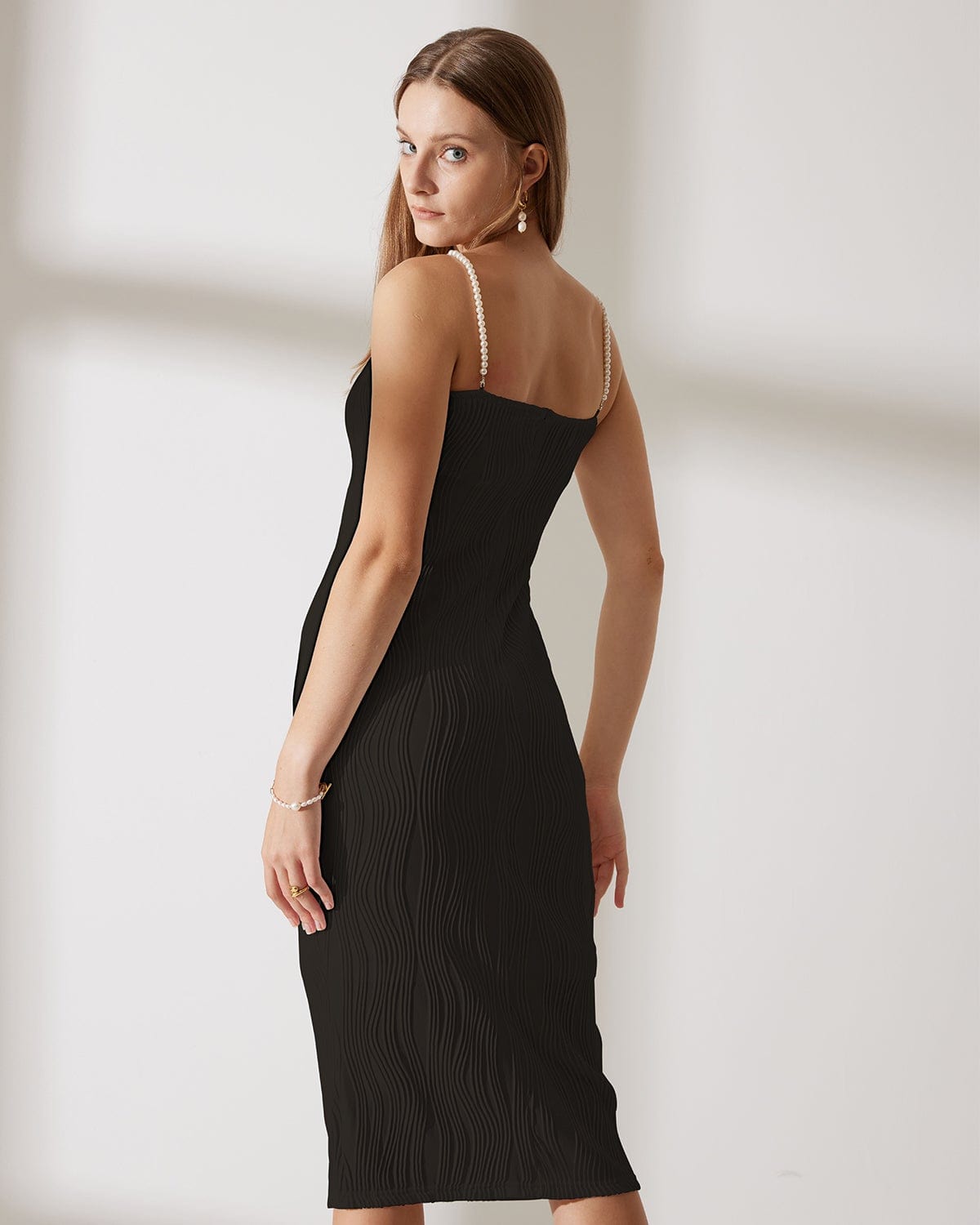 Zwarte Golven-Textuur Spaghetti Strap Jurk