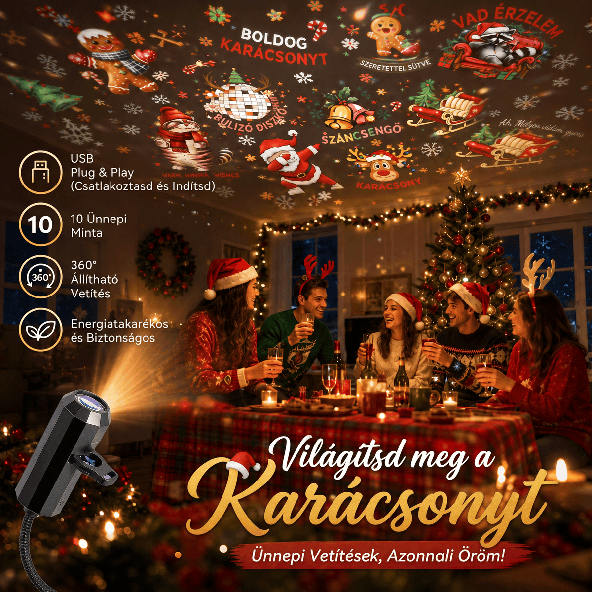 LEFUN® 🍈 Új generációs, intelligens 5D karácsonyi projektor ✨ – 🎅 Dinamikus holografikus fény a varázslatos otthoni hangulatért 💎