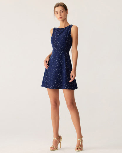 Blue Polka-Dot Sleeveless Cut-Out Mini Dress