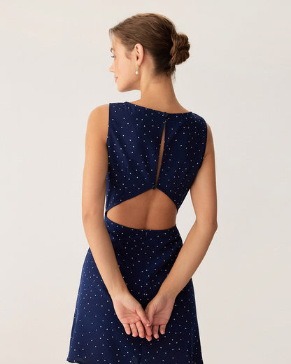 Blue Polka-Dot Sleeveless Cut-Out Mini Dress