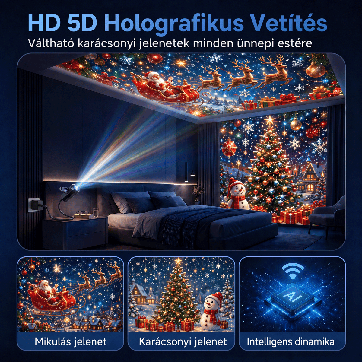 LEFUN® 🍈 Új generációs, intelligens 5D karácsonyi projektor ✨ – 🎅 Dinamikus holografikus fény a varázslatos otthoni hangulatért 💎