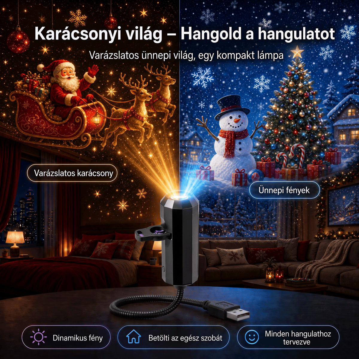 LEFUN® 🍈 Új generációs, intelligens 5D karácsonyi projektor ✨ – 🎅 Dinamikus holografikus fény a varázslatos otthoni hangulatért 💎