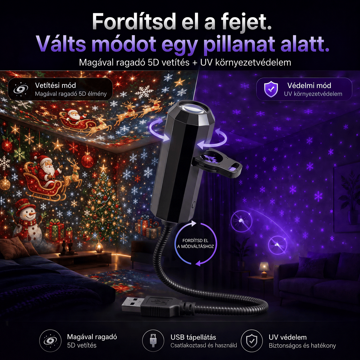LEFUN® 🍈 Új generációs, intelligens 5D karácsonyi projektor ✨ – 🎅 Dinamikus holografikus fény a varázslatos otthoni hangulatért 💎