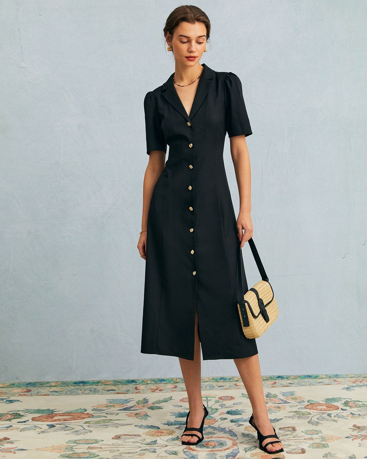 Zwarte V-hals Knopen Puff Mouw Midi Jurk
