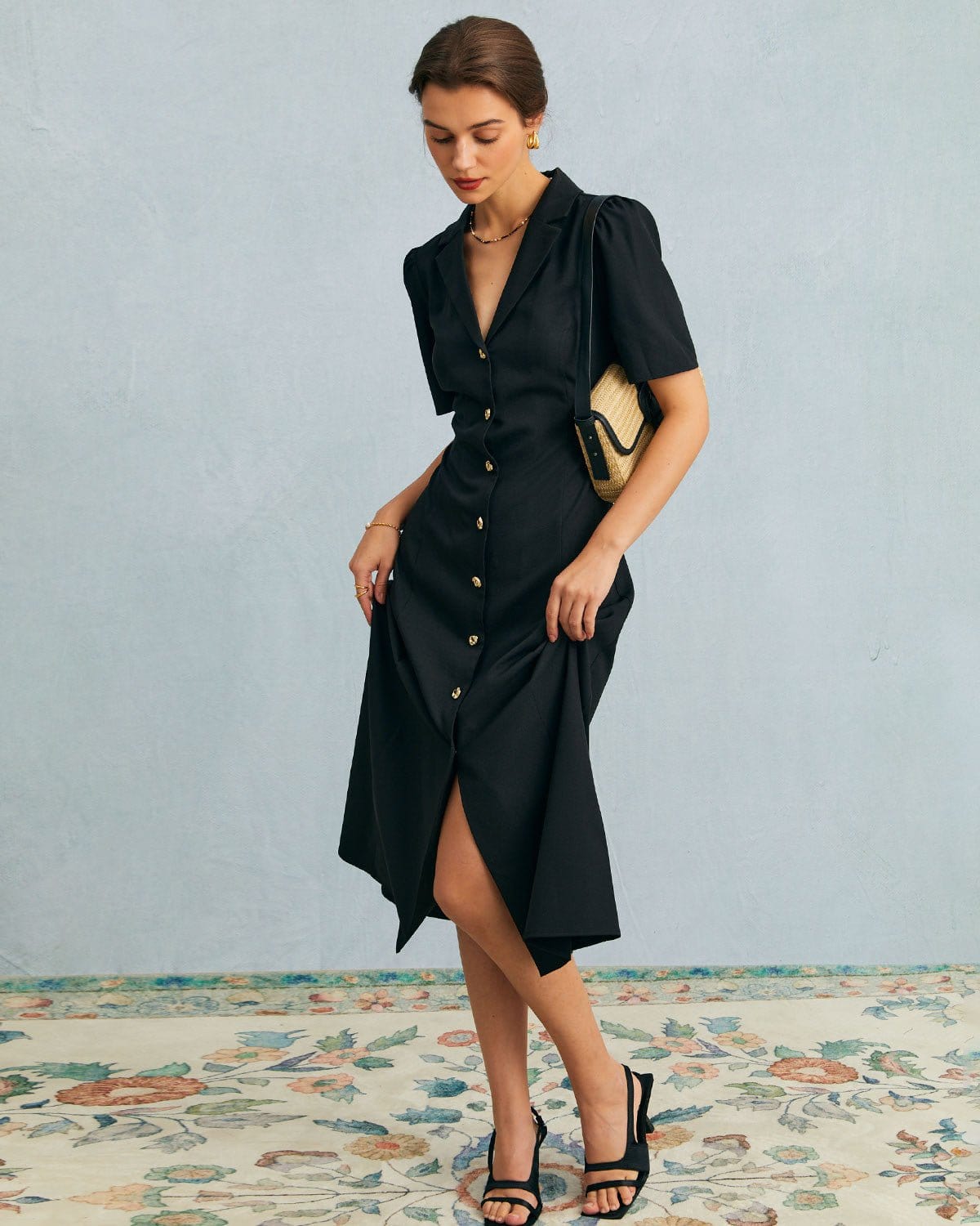 Zwarte V-hals Knopen Puff Mouw Midi Jurk