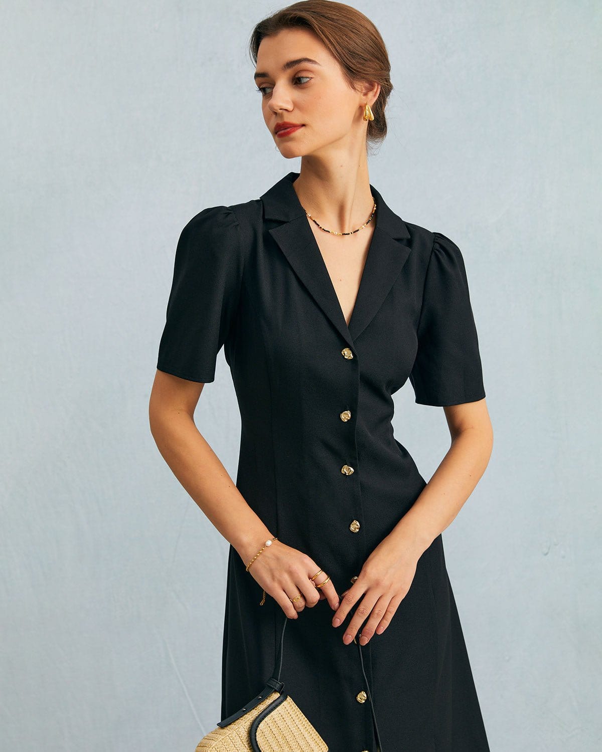 Zwarte V-hals Knopen Puff Mouw Midi Jurk