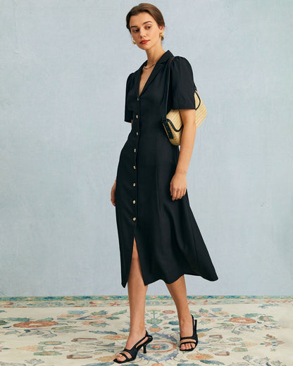 Zwarte V-hals Knopen Puff Mouw Midi Jurk