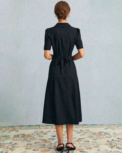 Zwarte V-hals Knopen Puff Mouw Midi Jurk